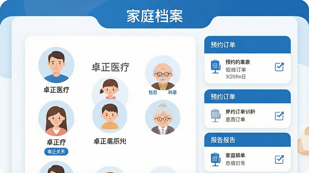 一张“卓正医疗”家庭档案功能展示图,画面中央为家庭成员头像列表,包含成人、儿童、老人图标,每个头像下方标注姓名与关系标签,右侧显示对应的预约订单与报告条目,顶部有“家庭档案”字样,整体采用卡片式布局,蓝白配色,风格温馨简洁,画质干净无多余元素