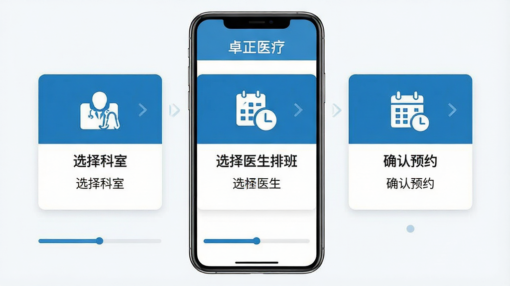 一张手机屏幕展示“卓正医疗”预约挂号流程的示意图,画面从左到右依次为选择科室、选择医生排班、确认预约三个步骤卡片,每张卡片带对应图标与文字标签,底部有进度指示条,整体采用扁平化设计,蓝白主色调,风格清晰直观,画质干净无多余元素