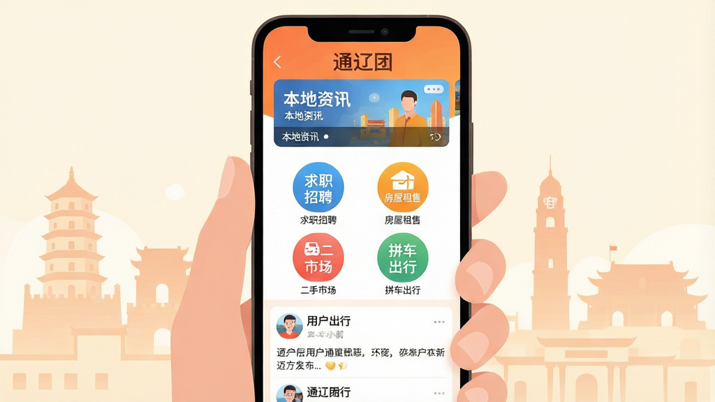 һ��չʾͨ����APP���Ľ�����ֻ���Ļ�廭��������һ�������ŵ������ֻ�����Ļ����ʾ��ͨ����APP����ҳ������������������ͨ���������ֺͱ�����Ѷ�ֲ�ͼ���м�����ְ��Ƹ���������ۡ������г���ƴ�������ĸ���ɫԲ��ͼ����ڣ��·����û�������������Ϣ���б���������ͨ�ɵر꽨���ĵ�ɫ��Ӱ���������ִ���ƽ����ɫ��������ů��ϸ��Բ�󣬻��ʸɾ��������޶�������Ԫ��