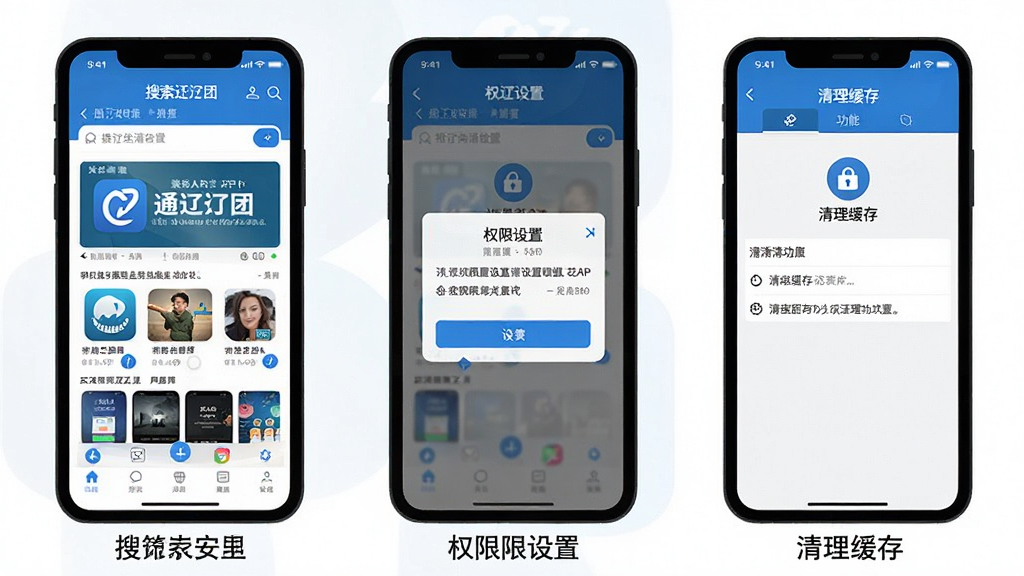 һ��չʾ�ֻ�APP��װ���������̵�ʾ��ͼ�������Ϊ�������ŵ��ֻ���Ļ�������ҷֱ���ʾӦ���̵�����ͨ���ŵĽ��桢Ȩ�����õ������桢�Լ���������Ĺ���ҳ�棬ÿ����Ļ�·����м��Ĳ����ע���֣�������Ϊ��ƽ����Ϣͼ����ɫ����ɫ�Ͱ�ɫΪ���������������������ʸɾ��޶���Ԫ��
