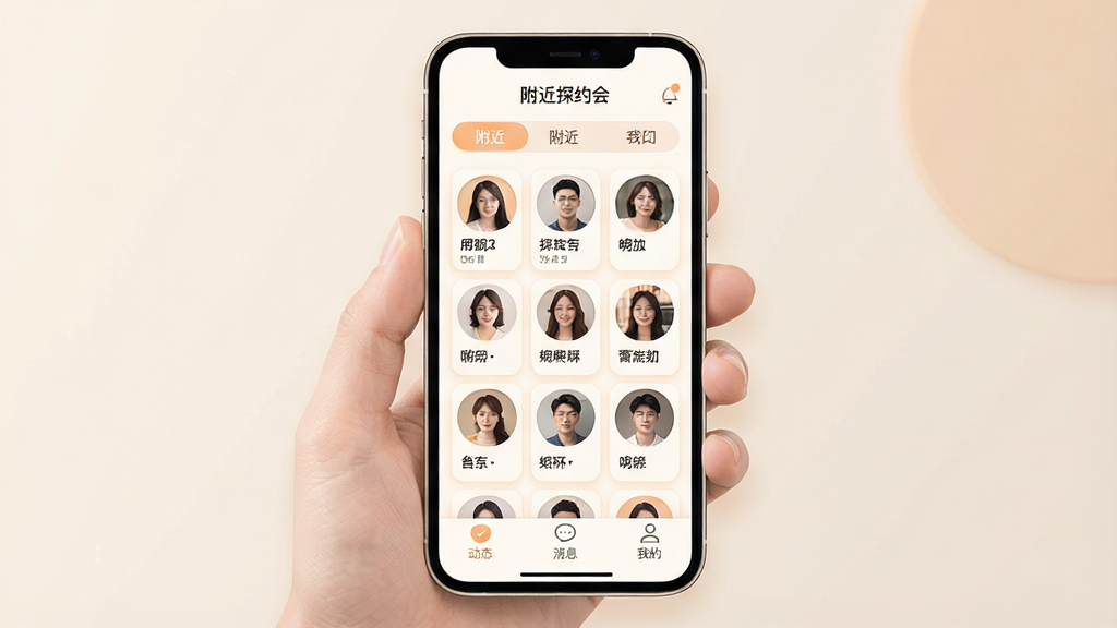 һ���ֻ�Ӧ�ý���չʾͼ�����������ǡ�����̽Լ�ᡱAPP����ҳ�棬������ʾ����������ǩ���м����������е��û�ͷ��Ƭ��ÿ����Ƭ�·���ע������ǳƣ��ײ��ǡ���̬������Ϣ�����ҵġ�����������ť�����岼�ּ������������ִ���ƽ������ɫ��ů�׺�ǳ��Ϊ����ϸ��Բ�󣬻��ʸɾ��޶���Ԫ��