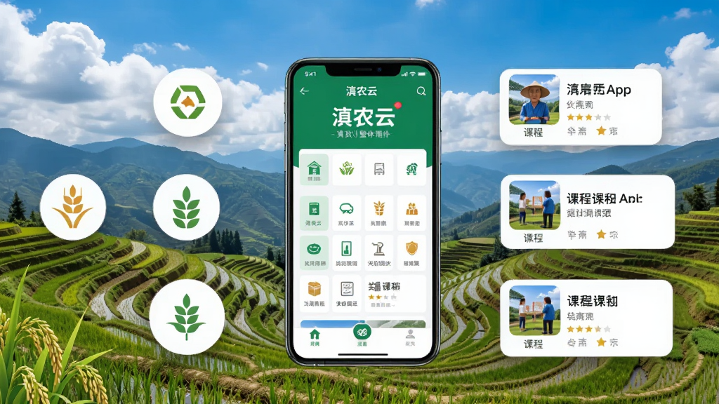 һ��չ�ֵ�ũ��App�����ò��ͼƬ������������һ�������ֻ�����Ļ����ʾ�ŵ�ũ�Ƶ������棬������������ɫ��������������ƣ���Χ��׺��ũ����ͼ��Ϳγ̿�Ƭ�����������Ȼ��ϸ�����������ʸɾ��޶���Ԫ��