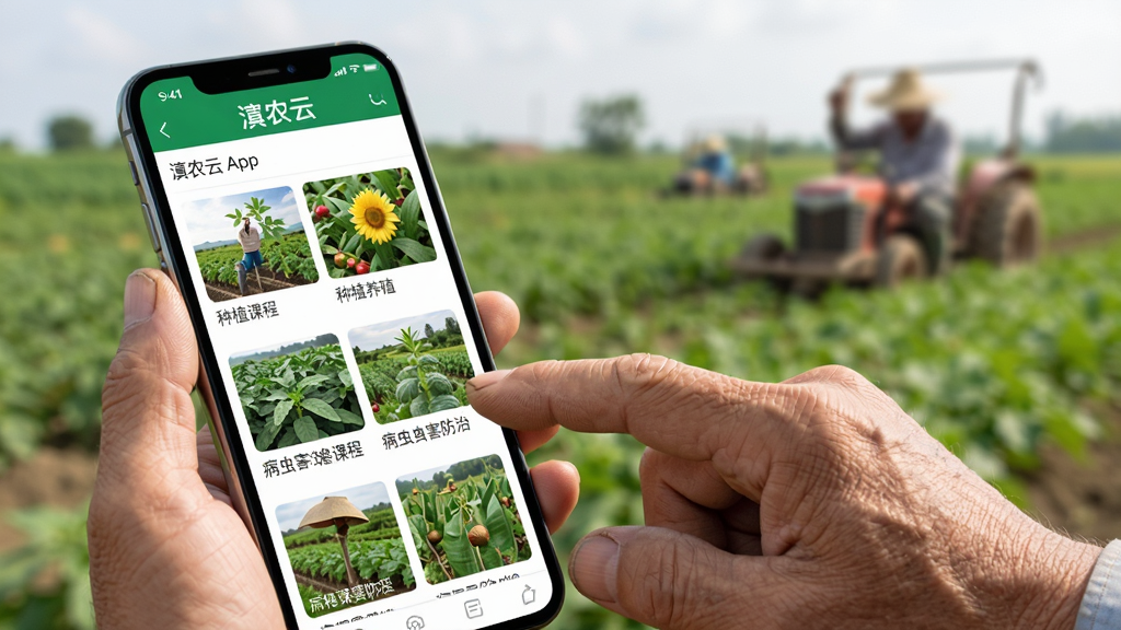 һ���ֻ���Ļ����ʾ�ŵ�ũ��App�Ŀγ��б�ҳ�棬ҳ������������ֲ����ֳ�����溦���εȷ���Ŀγ̷���ͼ���Ա���һ˫ũ��������ڻ�����Ļ���������黯��ũ�ﳡ�������дʵ������ɾ�����
