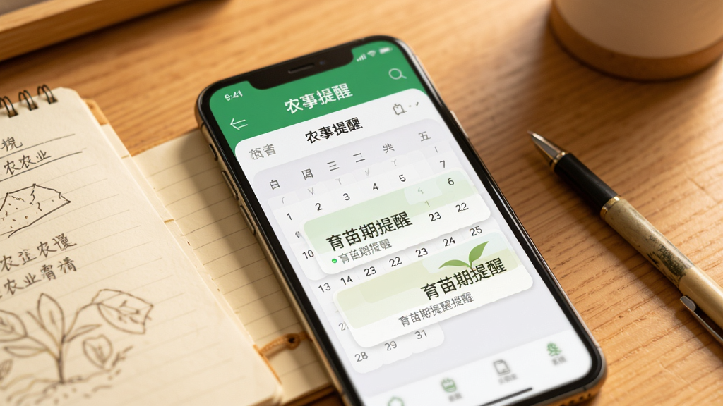 һ���ֻ���Ļ����ʾ�ŵ�ũ��App��ũ�����ѽ��棬��������������ʽ�����ѿ�Ƭ����Ƭ��д�š����������ѡ����������ֻ��Ա߷���һ��ũҵ�ʼǺ�һ֧�ʣ�������ůɫ�������棬�����ܰʵ�ã����ʸɾ�