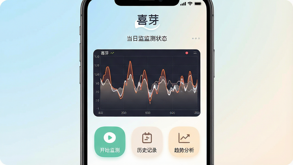 һ��չʾ��ϲѿ��App���Ľ�����ֻ���Ļ��ͼ������������������̥�ļ������ͼ��������ʾ��ϲѿ��Ʒ�Ʊ�ʶ�͵��ռ��״̬���·��С���ʼ��⡱����ʷ��¼�������Ʒ���������������ڰ�ť����������͵�ǳ����ů�׽��䣬���岼�ּ����ˬ������ִ���ƽ����ͼ��Բ�󣬻��ʸɾ��޶���Ԫ��