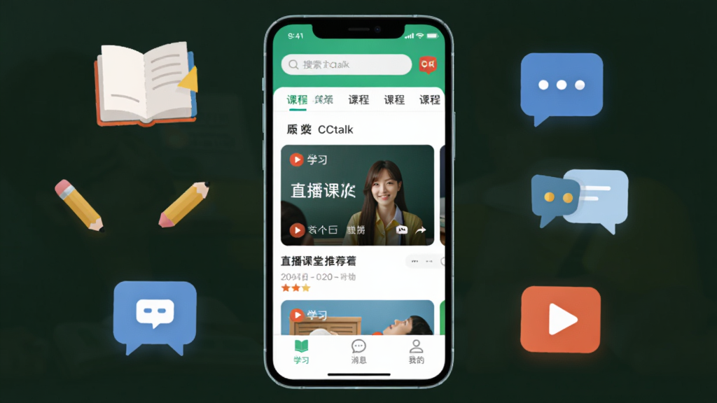 ����������һ���ֻ���Ļ����Ļ��չʾ CCtalk Ӧ�������棬�����������Ϳγ̷����ǩ�����ɼ����м���ֱ�������Ƽ���Ƭ���ײ��������С�ѧϰ������Ϣ�����ҵġ�����ͼ�꣬�ֻ���ΧƯ�����鱾��Ǧ�ʡ��Ի����ݺͲ��Ű�ť�ı�ƽ��ͼ�꣬���岼�ּ��Գƣ����Ϊ�ִ���ƽ����ƣ�ϸ��Բ�󣬻��ʸɾ����壬�޶���Ԫ��