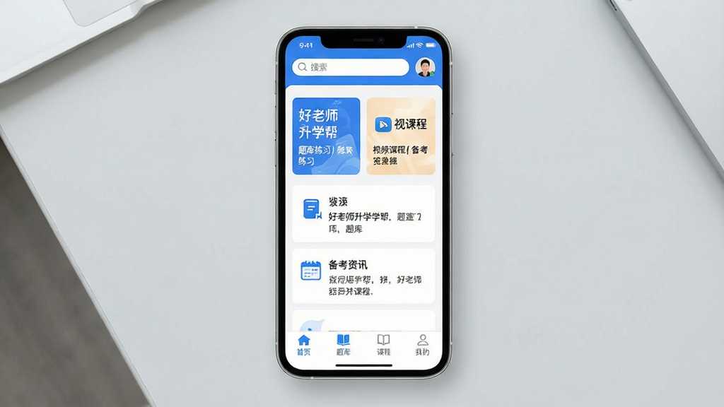 һ��չʾ����ʦ��ѧ��App���Ľ�����ֻ�����ͼ�������������ֻ���Ļ����Ļ����ʾ����ʦ��ѧ�����ҳ���֣���������������û�ͷ���м��������ϰ����Ƶ�γ̡�������Ѷ����������ڿ�Ƭ���ײ�Ϊ��ҳ����⡢�γ̡��ҵ��ĸ���ǩ������������ˬ��࣬����ɫ��Ϊ��������Ϊǳ��ɫ���棬����ɾ��޶���Ԫ�أ��������������ֱ�ע������ʦ��ѧ�