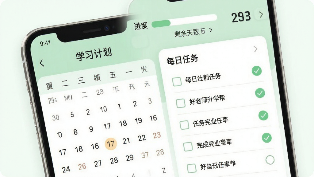 ����ʦ��ѧ��Appѧϰ�ƻ����ܽ��棬�ֻ���Ļ��ʾ������ͼ��ÿ�������嵥��������ǰ���и�ѡ�������������ʾ��ɫ�Թ��������н�������ʣ��������ʾ��������ɫ��ͣ���ǳ��ɫ�Ͱ�ɫΪ�����������������ֱ�ע��ѧϰ�ƻ���������ɾ�������Ԫ��