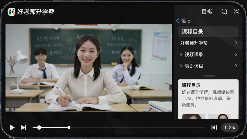 ����ʦ��ѧ��App��Ƶ�γ̲��Ž��棬�ֻ�������ʾ����Ļ���Ϊ��Ƶ���������Ҳ�Ϊ�γ�Ŀ¼�ͱʼǹ�����壬�ײ��в��Ž������ͱ��ٰ�ť����������ɫ���������ɫ���֣����ַ�����ȷ������ɾ����䣬���ֱ�ע������ʦ��ѧ�