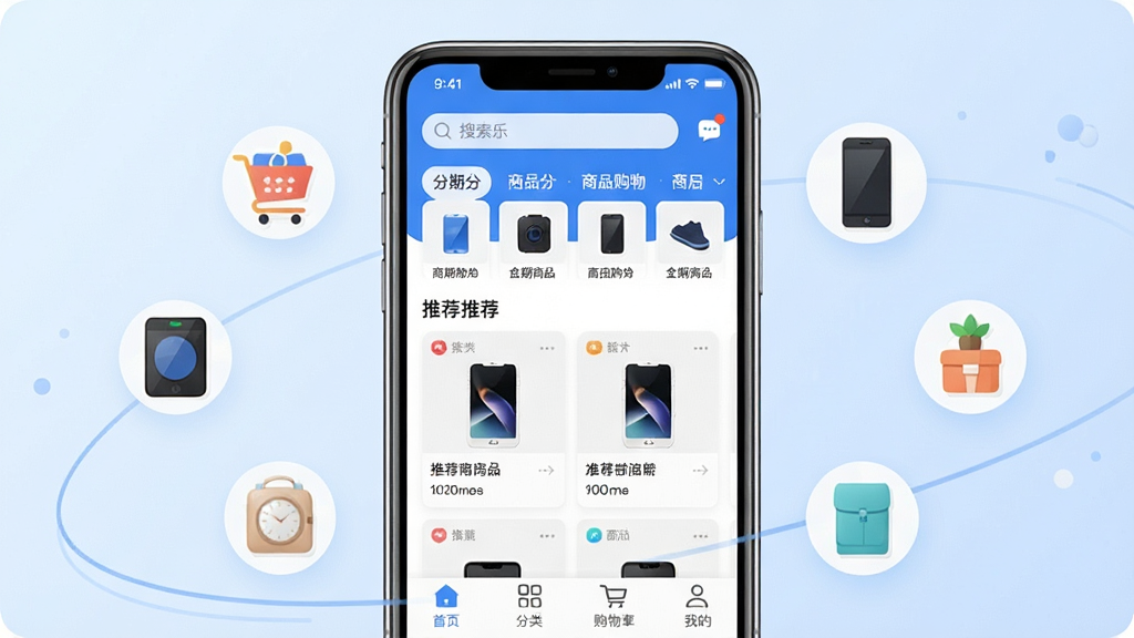 һ��չʾ������App����ȫò�ĳ���ͼ������������һ�������ֻ�����Ļ����ʾ�ŷ�����App�������棬������Ƽ�����죬������ɫ��Ϊ��������������������Ϣͼ�꣬�м�����Ʒ���ർ�����Ƽ���Ʒ��Ƭ���ײ�����ҳ�����ࡢ���ﳵ���ҵ��ĸ�������ǩ���ֻ���Χ������һЩ�������ڹ�������Ʒ��������Ʒ�ĳ���Сͼ�꣬��������͵�ǳ��ɫ���䣬����ִ���ƽ�����ʸɾ��������޶���Ԫ�ء�