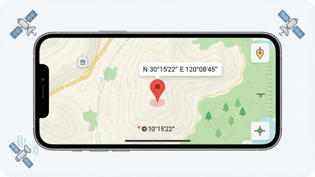 ���β����Ǿ�γ�ȶ�λ����չʾͼ������Ϊһ���ֻ�������ʾ��ͼ���棬��ͼ����һ����Ŀ�ĺ�ɫ��λ��ǵ㣬�Ա߸����ž�γ�����ֱ�ǩ��N 30��15'22