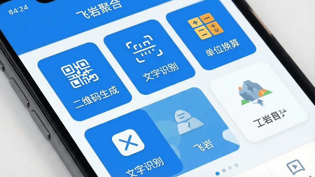 һ��չʾ�����ҡ�App���ܾۺ�ҳ���ͼƬ���������ֻ���Ļ����ʾ�Ŷ������ģ�飬�硰��ά�����ɡ���������ʶ�𡱡�����λ���㡱��ͼ�꣬ÿ��ͼ���·������ֱ�ǩ�����岼������������ƽ��������ɫ�Ͱ�ɫΪ��ɫ����ϸ�ڸɾ��������������޶���Ԫ��