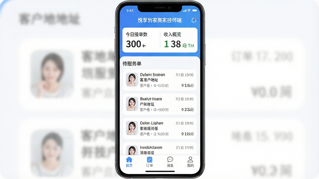 �ֻ���Ļ����չʾ�����������ǡ����������̼Ҽ�ʦ�ˡ�APP�����棬������ʾ���սӵ�����������������в�Ϊ�����񶩵���Ƭ�б���ÿ����Ƭ�����ͻ���ַ�ͷ���ʱ�䣬�ײ�����������ҳ����������Ϣ���ҵ��ĸ�ͼ�꣬���岼�ָɾ����࣬���Ϊ�ִ���ƽ����ƣ�������ɫΪ����ͼ��Բ�󣬻����������޶���װ��Ԫ��