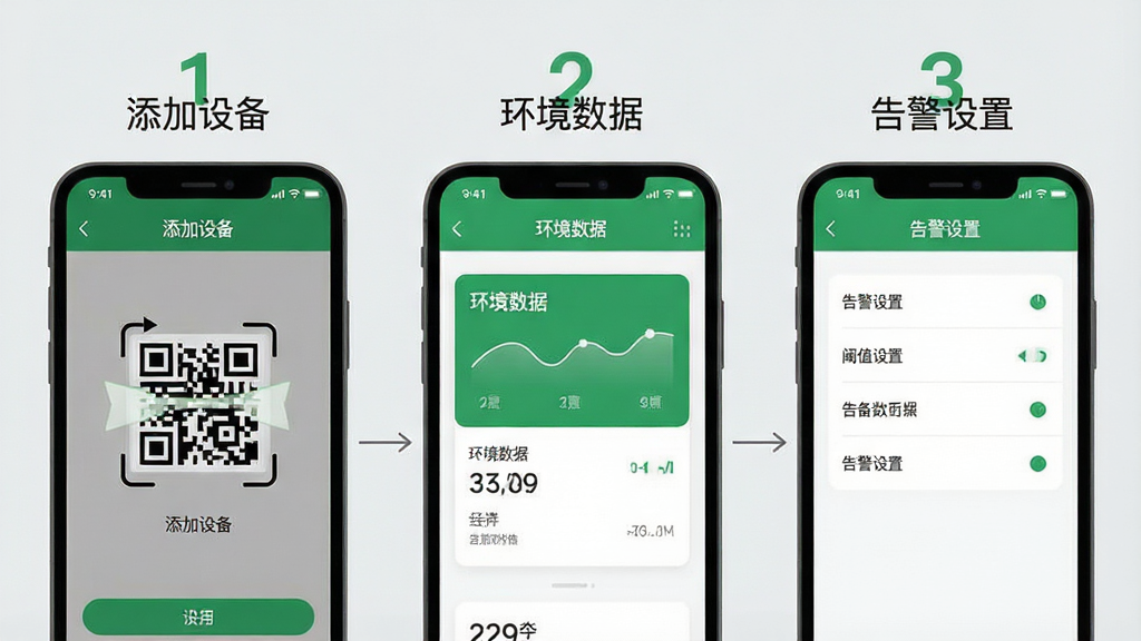 һ��չʾ�ֻ�APP���������ʾ��ͼ�������Ϊ�������ŵ��ֻ���Ļ�������ҷֱ���ʾ�������豸��ɨ���ά����桢���������ݡ���Ƭչʾ���桢���澯���á���ֵ�������棬ÿ����Ļ�Ϸ���ע��Ӧ������ţ�����Ϊǳ��ɫ���������ƽ����ƣ���ɫ����ɫ�Ͱ�ɫΪ�������������ɶ������ʸɾ�����