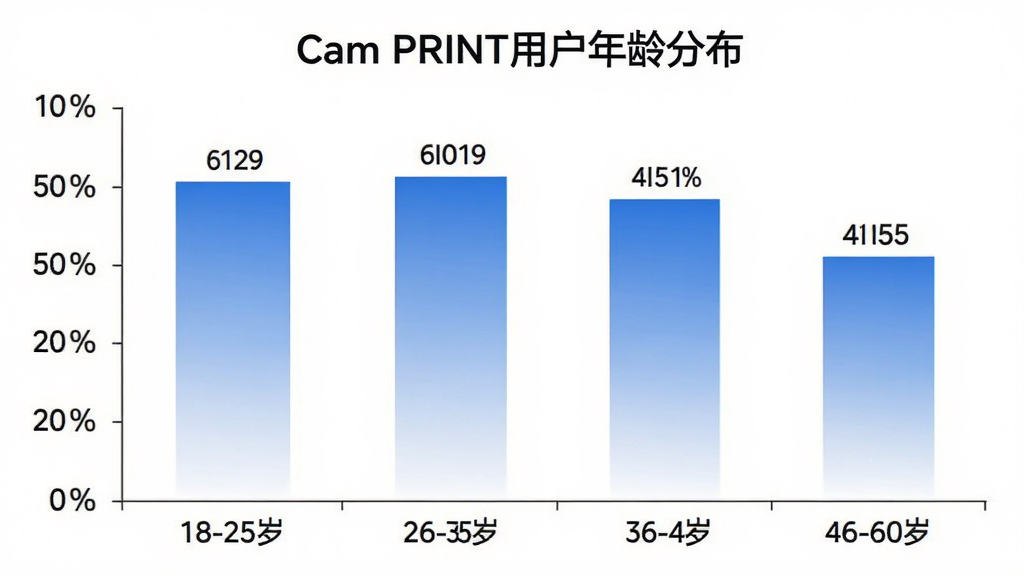 һ����״ͼչʾCam PRINT�û�����ֲ��������ע18-25�ꡢ26-35�ꡢ36-45�ꡢ46-60���ĸ�����Σ�����Ϊ����ռ�Ȱٷֱȣ���״ͼ��ɫΪ���׽��䣬ͼ������Ϊ