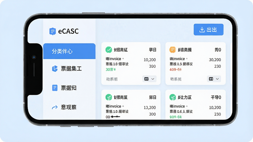 һ��Ӧ�ù���չʾͼ������Ϊ�ֻ���Ļ��ʾeCASC��Ʊ�ݹ鼯���棬����Ƿ����ǩ�����Ҳ��г����ŵ��ӷ�Ʊ��Ƭ�������е�����ť������Ϊ����ɫ�������ˬ�칫����ͼ��������Ű����룬���������ɾ����޶���װ��