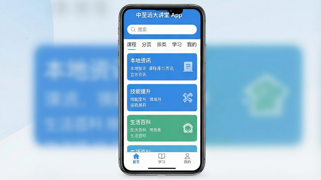 一张手机应用界面展示图,画面中央是“中至远大讲堂”App的主页面,顶部有搜索栏和分类标签,中间是课程卡片列表,包含“本地资讯”“技能提升”“生活百科”等板块,底部为首页、学习、我的三个导航按钮,整体采用蓝白配色,风格简洁明快,布局清晰,画质干净,无多余元素