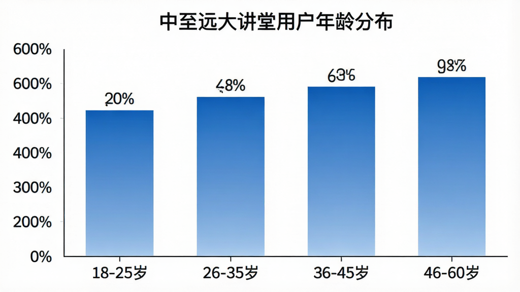 一张用户年龄分布柱状图,横轴标注“18-25岁”“26-35岁”“36-45岁”“46-60岁”,纵轴为占比百分比,柱子颜色为蓝色渐变,图表标题为“中至远大讲堂用户年龄分布”,背景白色,风格简洁,数据标签清晰,画质干净