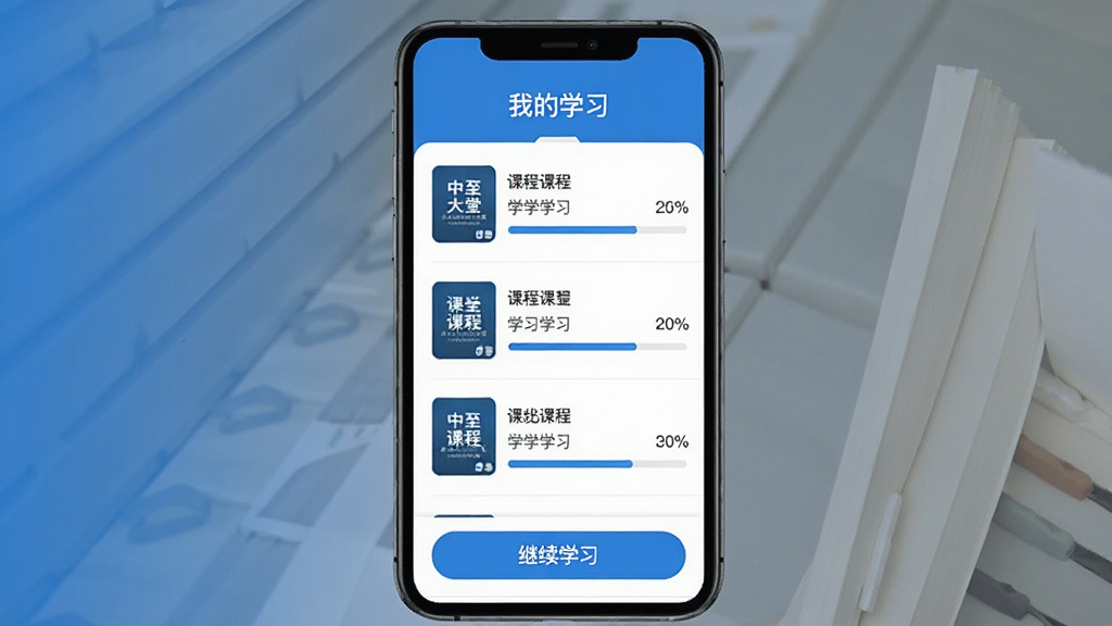 一张“中至远大讲堂”App学习记录页面的示意图,画面中展示用户的学习进度列表,包含课程封面、课程名称、已学百分比进度条,页面顶部有“我的学习”标题,底部有“继续学习”按钮,整体风格清爽,蓝白配色,布局简洁,画质干净