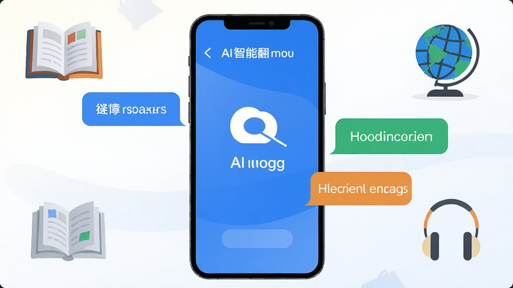 画面中心是一部智能手机,屏幕显示AI智能翻译通的蓝色主界面,左侧悬浮着中文对话气泡,右侧对应英文气泡,背景是简洁的浅色渐变,周围点缀着书本、地球仪和耳机图标,风格现代扁平化,细节清晰,画质干净明亮,无多余元素