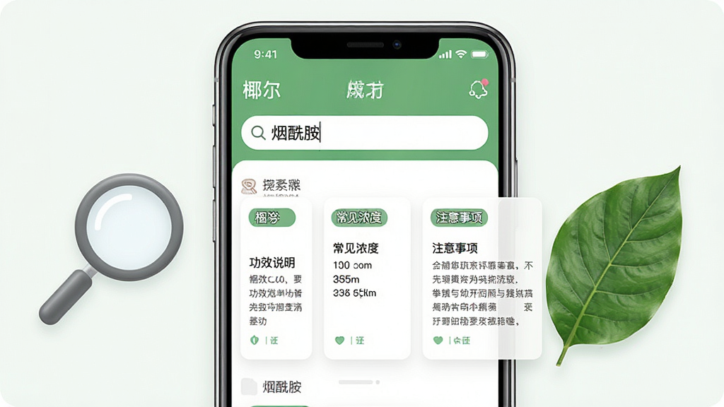 һ�š�Ҭ����App�ɷֲ�ѯ������ʾͼ���������ֻ���Ļ��ʾ�ɷ��������棬�����������롰�����������·��г��ɷֽ����Ƭ����������Ч˵����������Ũ�ȡ���ע�����������Ϣģ�飬�Ա�����һ���Ŵ�ͼ���һƬ��Ҷװ�Σ�������������Ȼ�����ʸɾ����޶���Ԫ��