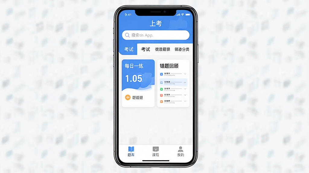 һ���ֻ�Ӧ�ý���չʾͼ�����������ǡ��Ͽ���App����ҳ������Ϊ����ɫ����������������Ϳ��Է����ǩ���м���ÿ��һ���ʹ���ع˿�Ƭ���ײ�Ϊ��⡢�γ̡��ҵ�����������ť������������������ִ������ʸɾ��޶���Ԫ��