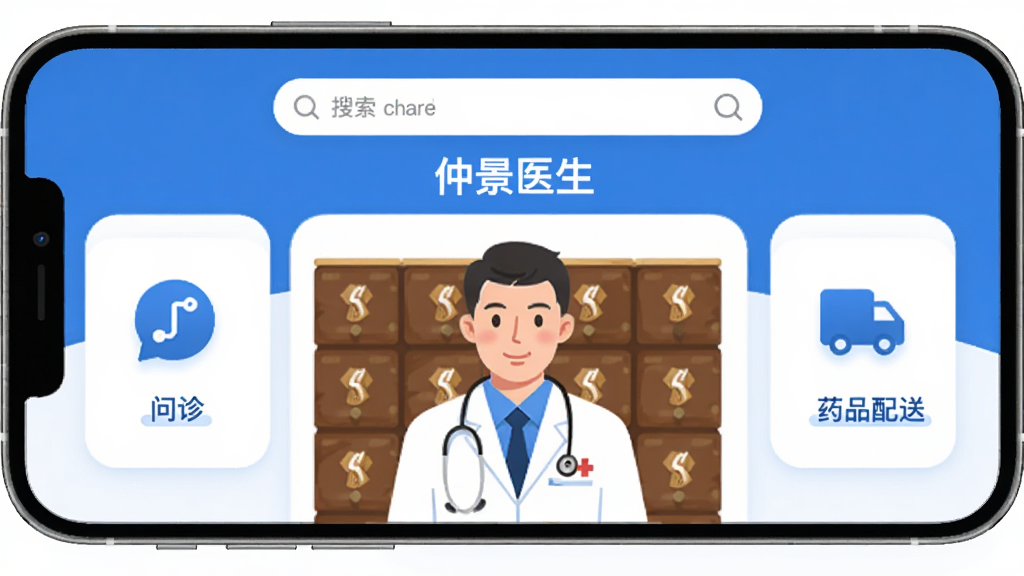 �ֻ���Ļ��չʾ���پ�ҽ����Ӧ����ҳ���棬����������һλ���״�ӵ�ҽ����������ҩҩ��Ԫ�ؽ�ϣ����Ϊ�������ͼ�꣬�Ҳ�ΪҩƷ����ͼ�꣬�������������ɫ������Ϊ���½ṹ�����Ϊ��ƽ��ҽ�ƿƼ��磬ϸ�ڰ���Բ�ǿ�Ƭ�������Ĺ���ͼ�ꡢ���������������ʸɾ��������޶���װ��Ԫ��
