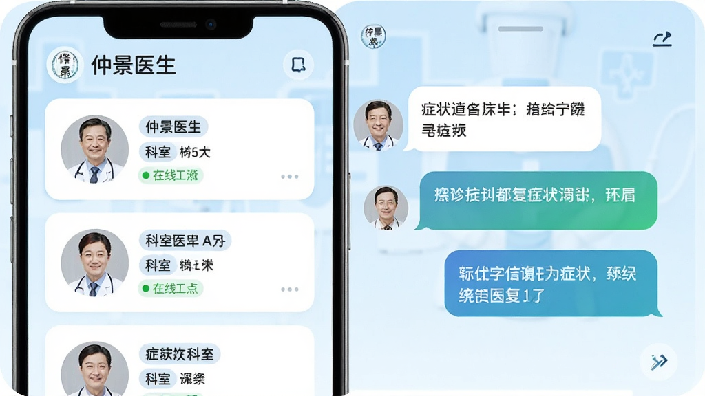 ����չʾ���پ�ҽ��������������棬�ֻ���Ļ�����Ϊҽ���б���Ƭ��ÿ�ſ�Ƭ����ҽ��ͷ�񡢿��ұ�ǩ������״̬���Ҳ�Ϊ����Ի����ڣ��Ի���������ʾ֢״������ҽ���ظ�������Ϊǳ��ɫҽ�Ʒ�񣬲���Ϊ���ҷ�����������ִ���ϸ�ڰ���Բ��ͷ����ɫ���߱�ʶ�����������Ű棬���ʸɾ�������Ԫ��