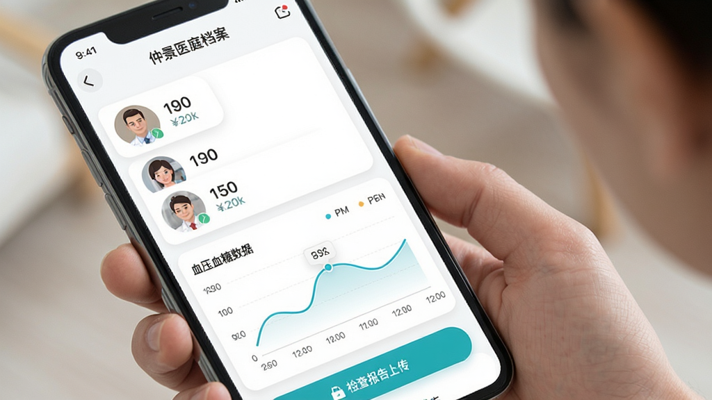 ����չʾ���پ�ҽ���������������棬�ֻ���Ļ�г��ּ�ͥ��Աͷ���б����·�ΪѪѹѪ����������ͼ���鱨���ϴ���ڣ�����Ϊ���½ṹ�����Ϊ���ݿ��ӻ�ҽ�Ʒ磬��ɫ�԰�ɫ����������ɫͼ��Ϊ����ϸ�ڰ���Բ������ݿ�Ƭ��������ʱ�����ǩ������ͼ�꣬���ʸɾ�������Ԫ��