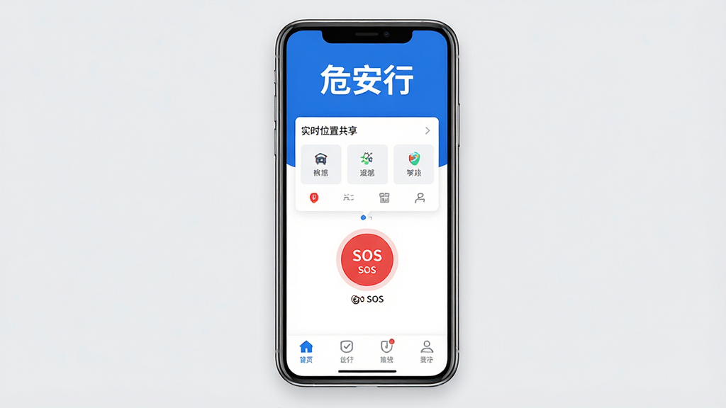 危安行App主界面全貌展示,手机屏幕居中放置,屏幕内显示蓝白配色的安全出行仪表盘,顶部有“危安行”大字Logo,中间是实时位置共享卡片和醒目的SOS红色按钮,底部为四个简洁的导航图标,背景为浅灰色极简风格,画面干净整洁,画质清晰,无多余装饰元素