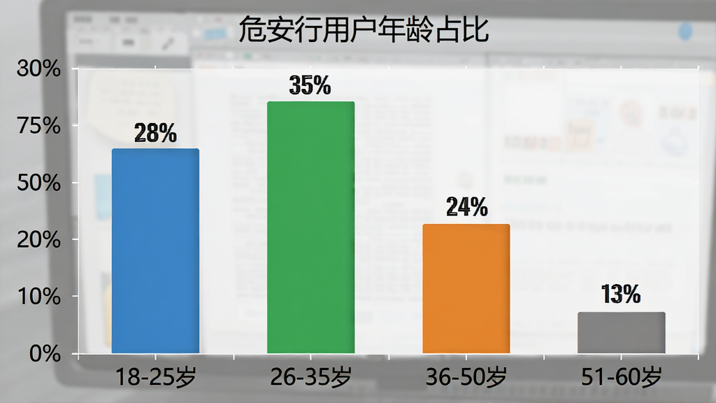 危安行用户年龄分布柱状图,图表标题为“危安行用户年龄占比”,横轴标注“18-25岁”“26-35岁”“36-50岁”“51-60岁”四个年龄段,纵轴为百分比刻度,柱状颜色分别为蓝色、绿色、橙色、灰色,柱体上方标注具体百分比数值“28%”“35%”“24%”“13%”,整体风格简洁商务,画质清晰,无多余网格线