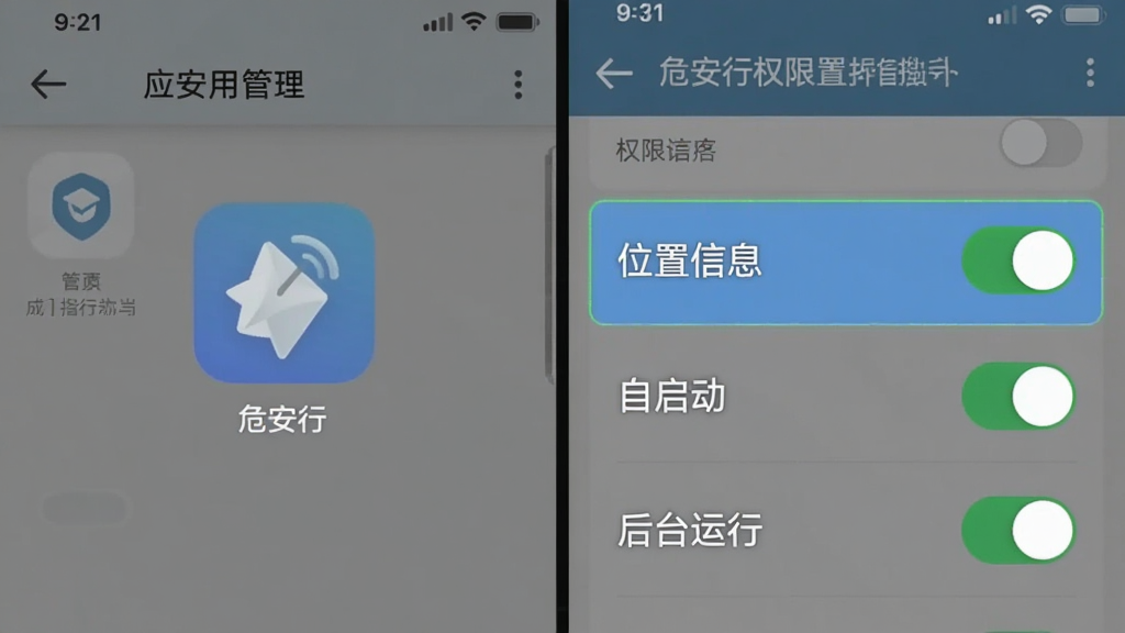 危安行权限设置操作指引图,手机屏幕分屏展示设置步骤,左侧为应用管理界面找到危安行图标,右侧为权限开关列表,高亮显示“位置信息”“自启动”“后台运行”三个开关为开启状态,界面风格扁平化,文字标签清晰,画质干净,无多余装饰