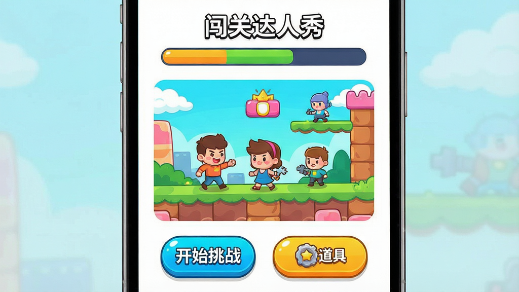һ���ֻ���Ļ��д�����������ǡ����ش����㡱��Ϸ�����棬����Ϊ�Ϸ���ʾ��ǰ�ؿ����������м���ɫ�����޵Ŀ�ͨ���س����ͽ�ɫ���·��п�ʼ��ս�͵��߰�ť���Ű������ˣ����Ϊ���п�ͨ��ƽ����ϸ�ڰ���Բ��İ�ť���������ɫ�����������ɾ����޶���Ԫ��