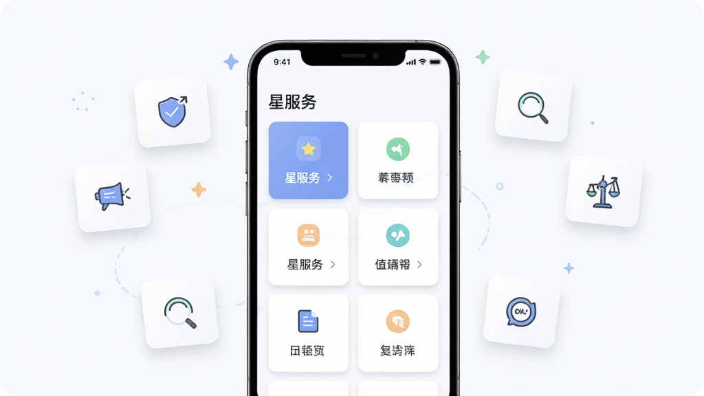 ����������һ���ֻ���Ļ��д����Ļ��չʾ���Ƿ���App�Ĺ��ܷ���ҳ�棬����Ϊ�ֻ����С���Χ�е����ķ���ͼ��Ư��װ�Σ��Ű��Ϲ���ģ���Կ�Ƭ��ʽ�������У����Ϊ���¼�Լ�ı�ƽ�廭�磬ϸ���Ͽ�Ƭ������΢��Ӱ��ͼ��������࣬���������ɾ������ұ���