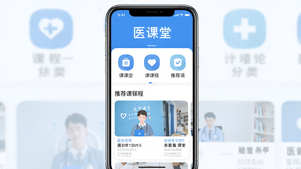 һ���ֻ�Ӧ�ý���չʾͼ������������ҽ����APP����ҳ��������ʾ��ҽ���á������֣��·������ſγ̷���ͼ����Ƽ��γ̿�Ƭ������������ɫ��Ϊ���������ɾ���࣬��ƽ����Ʒ�񣬻����������޶���Ԫ��