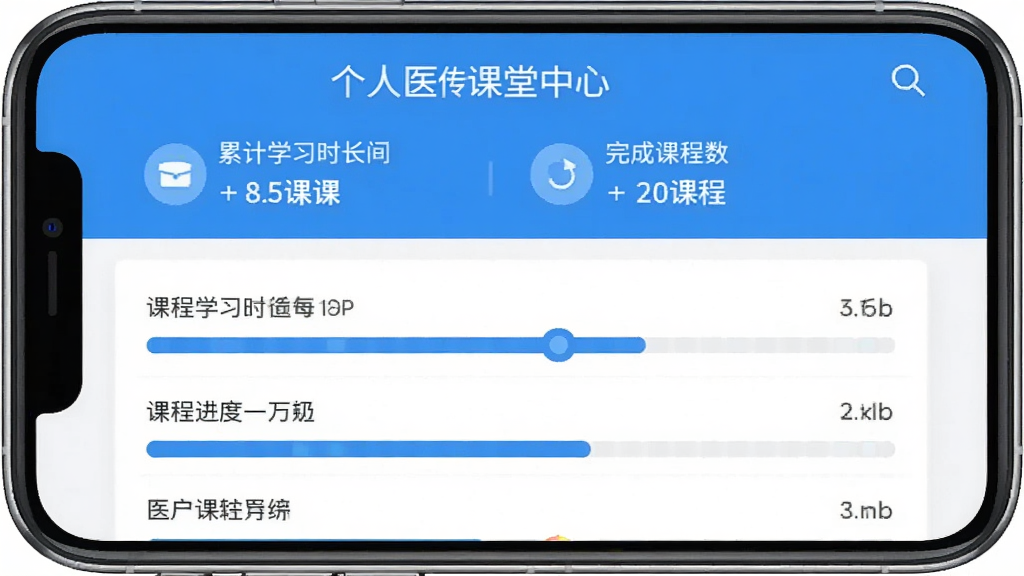 һ���ֻ�Ӧ�ý����ͼ������չʾҽ����APP�ĸ���ѧϰ����ҳ�棬������ʾ�ۼ�ѧϰʱ������ɿγ������·��ǿγ̽������б�������������ɫ��Ϊ�������ݿ��ӻ���������ƽ����Ʒ�񣬻��ʸɾ����޶���Ԫ��
