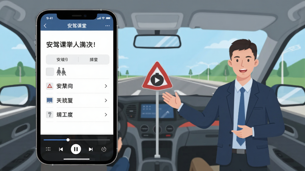手机界面显示“安驾课堂”视频讲解页面,一位讲师在屏幕右侧讲解交通标志,左侧是题目和选项,底部有进度条和播放控制按钮,背景是虚拟驾驶场景,风格现代扁平,画质干净