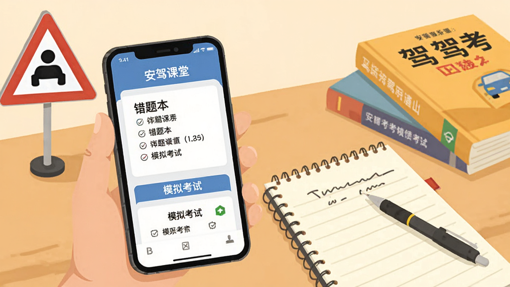 手机屏幕显示“安驾课堂”错题本和模拟考试成绩页面,旁边有笔记本和笔,背景是书桌环境,画面中有交通标志和驾考教材元素,风格生活化扁平插画,色彩温暖,画质干净