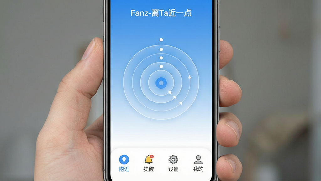 一张手机应用界面展示图,画面中央是手机屏幕,屏幕上显示“Fanz-离Ta近一点”应用的主界面,界面顶部有应用名称“Fanz-离Ta近一点”,中间是圆形距离感应示意图,用同心圆表示远近关系,底部有四个功能图标分别为“附近”“提醒”“设置”“我的”,整体配色为蓝白渐变,风格简洁现代扁平化,细节圆润,画质干净清晰,无多余元素
