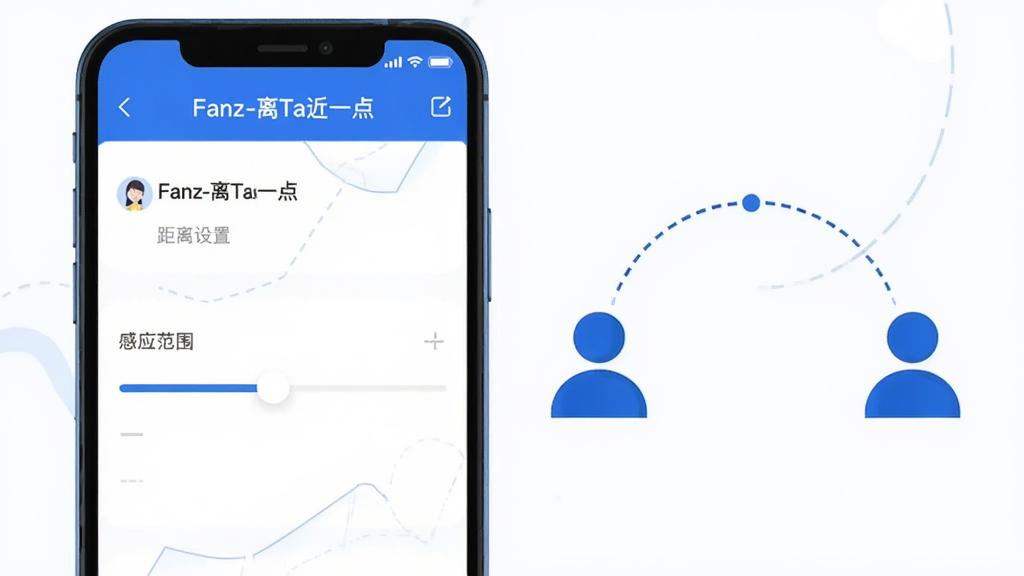 一张应用功能示意图,画面左侧是手机屏幕显示“Fanz-离Ta近一点”的距离设置界面,有滑动条调节感应范围,右侧是两个人形图标中间用虚线弧线连接表示距离感应,整体风格为科技感扁平插画,配色蓝白为主,画质干净清晰,无多余元素