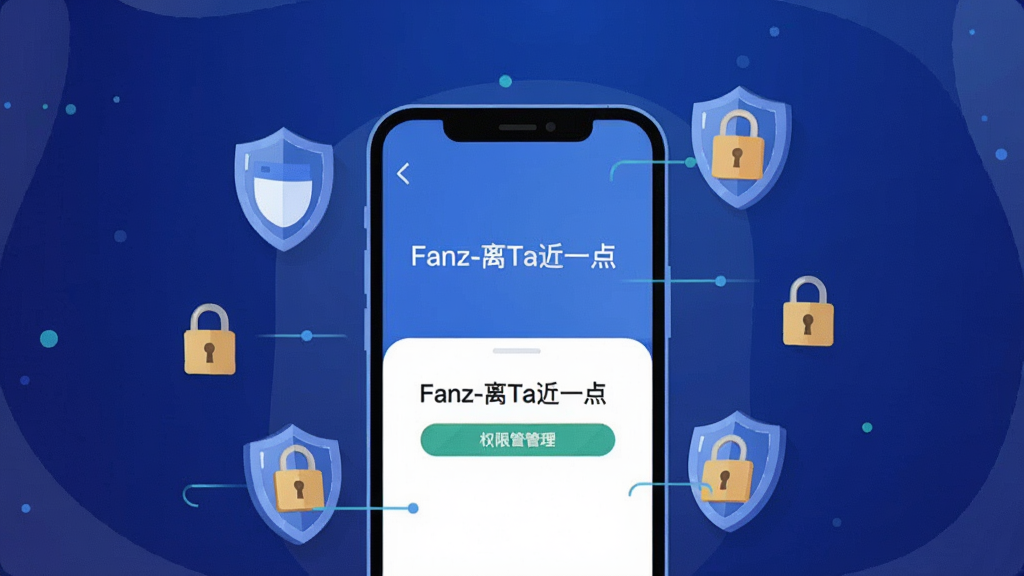 一张隐私安全主题插画,画面中央是手机屏幕显示“Fanz-离Ta近一点”的权限管理界面,周围有盾牌图标和锁形图标环绕,背景为深蓝色渐变,风格为扁平化安全主题插画,画质干净清晰,无多余元素