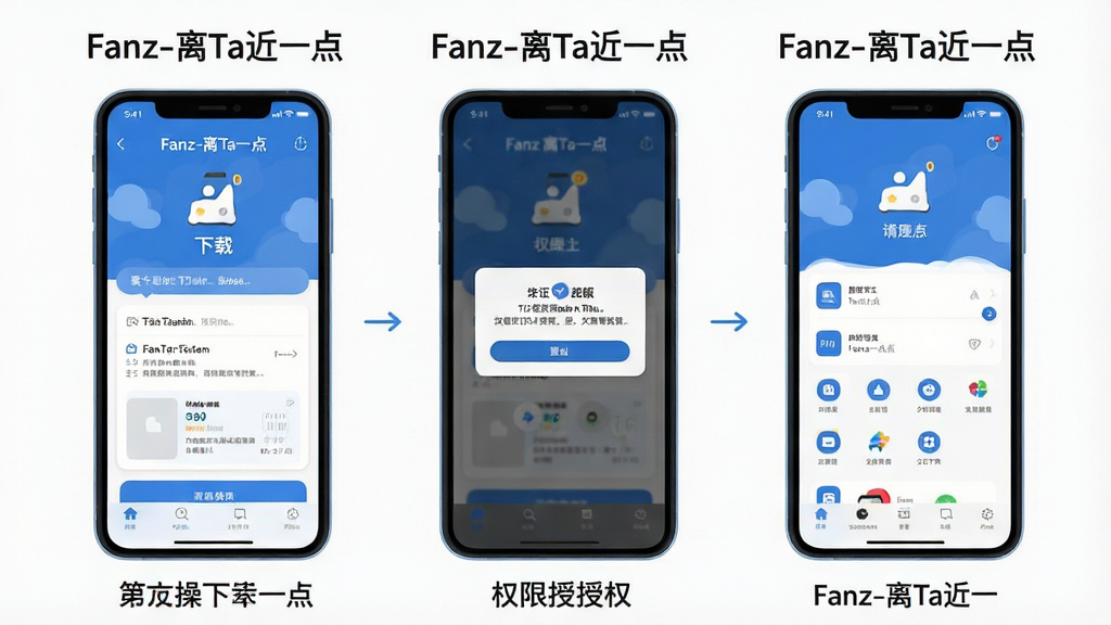 一张手机操作步骤示意图,画面为三部手机并排展示“Fanz-离Ta近一点”的安装流程,第一步显示下载页面,第二步显示权限授权弹窗,第三步显示应用主界面,每步下方有简短文字标注,风格为扁平化教程插画,配色蓝白,画质干净清晰,无多余元素