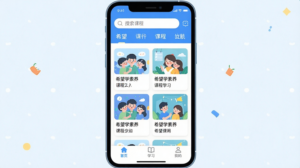 һ��չʾϣ��ѧ����Ӧ����������ֻ���ͼ���廭�������������ֻ���Ļ����Ļ����ʾϣ��ѧ�����Ŀγ��б�ҳ�棬�������������ͷ����ǩ���м�����������Ŀγ̿�Ƭ����Ƭ���в�ͼ��С���⣬�ײ�����ҳ��ѧϰ���ҵ�����������ť���������������죬����ɫ��Ϊ����ϸ�ڸɾ��������������޶���Ԫ��