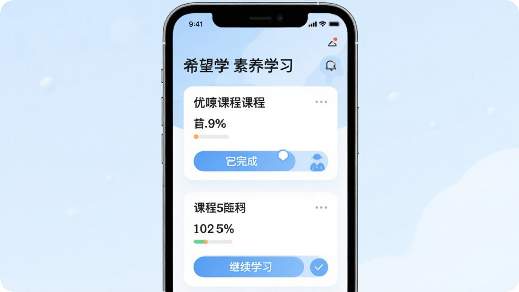 һ��չʾϣ��ѧ����ѧϰ����ҳ��Ľ���廭���������ֻ���Ļ����ʾѧϰ���ȿ�Ƭ��ÿ�ſ�Ƭ�пγ����ơ�����ɰٷֱȺͼ���ѧϰ��ť�������ǵ���ɫ���䣬������ִ����������������ʸɾ�