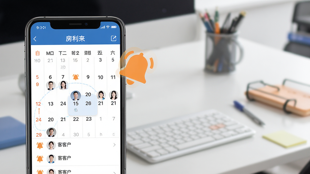 一张展示“房利来”客户跟进提醒功能的界面图,画面中手机屏幕显示日历视图和待办事项列表,有醒目的提醒铃铛图标和客户头像,背景是办公桌场景,风格简洁明快,色彩以蓝色和橙色点缀,细节清晰,画质干净,无多余元素