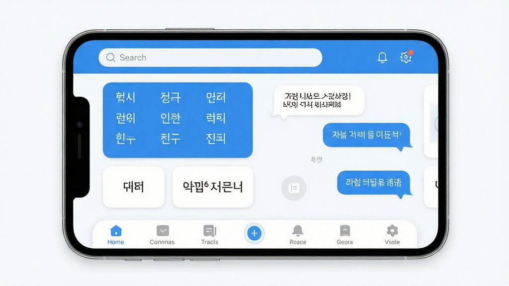 一张展示韩语发音词汇会话软件核心界面的手机截图,画面中央是手机屏幕,屏幕内显示韩语字母发音表、词汇卡片和会话对话气泡,界面以清新的蓝白色调为主,布局简洁,顶部有搜索栏,底部有功能导航栏,风格现代扁平化,细节圆润,画质干净清晰,无多余元素