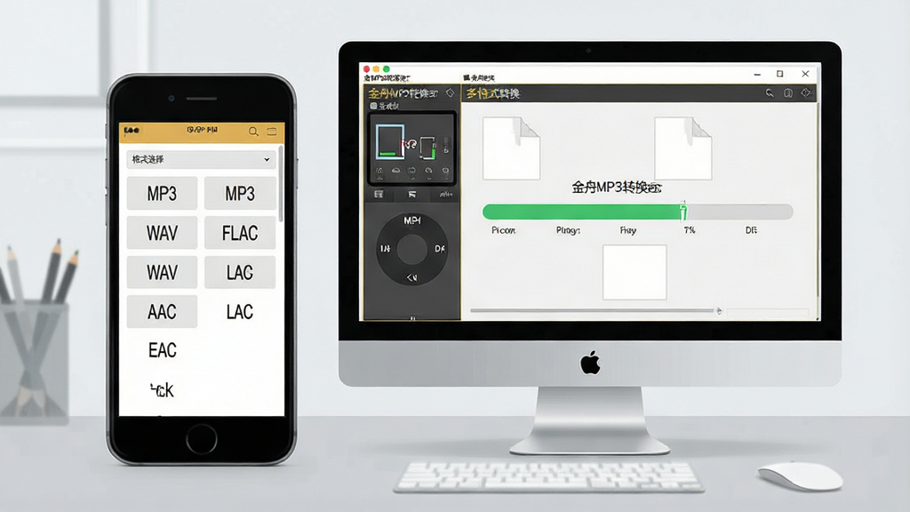 һ��չʾ����MP3ת�������ʽת�����ܵ�ͼƬ������������һ���ֻ���һ̨���Բ��ţ���Ļ�϶���ʾ����MP3ת�������棬�ֻ���Ļ���Ǹ�ʽѡ���б���MP3��WAV��AAC��FLAC�ȸ�ʽ��ǩ�������У�������Ļ�����ļ�ת����������������ǳ��ɫ����̨�������ˬ��ƽ��ϸ�ڸɾ������������޶���Ԫ��