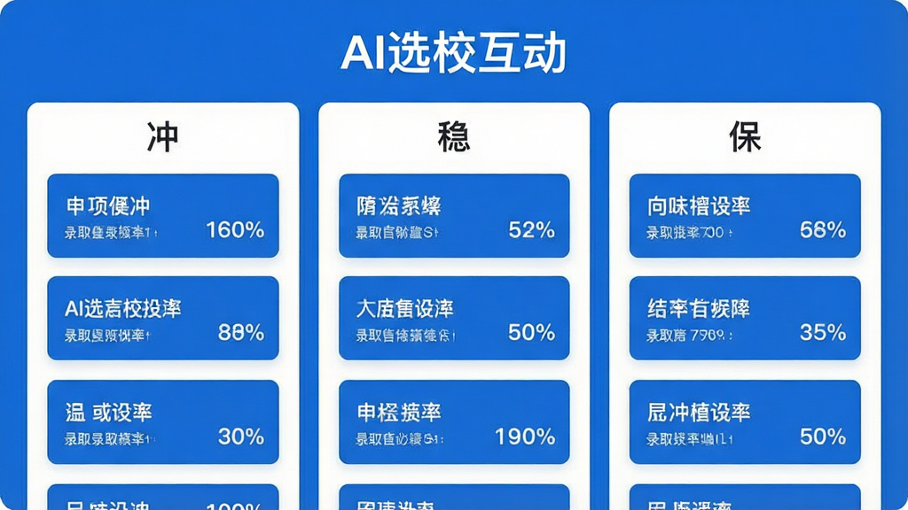 一张简洁的信息图表界面,标题为“AI选校互动”,画面分为三列,分别标注“冲”“稳”“保”,每列下方排列着若干院校卡片,卡片上显示院校名称和录取概率百分比,整体配色为蓝白相间,布局规整,风格清爽现代,画质干净无杂乱元素