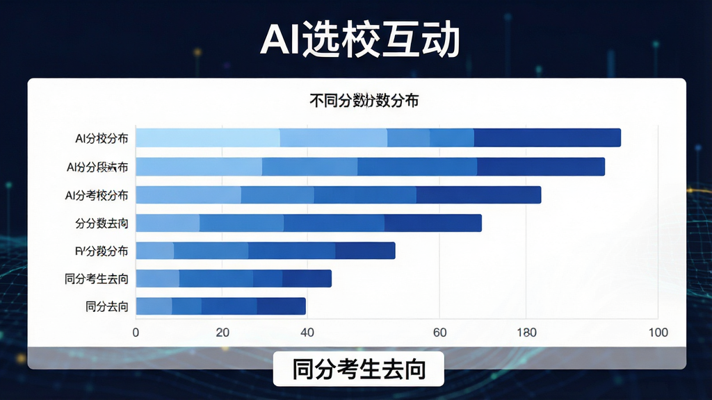 一张数据可视化界面截图,顶部标注“AI选校互动”,中间是一个横向柱状图,展示不同分数段对应的院校分布,柱状图颜色由浅蓝渐变到深蓝,底部有“同分考生去向”的文字标签,整体排版简洁,风格商务数据感,画质清晰干净