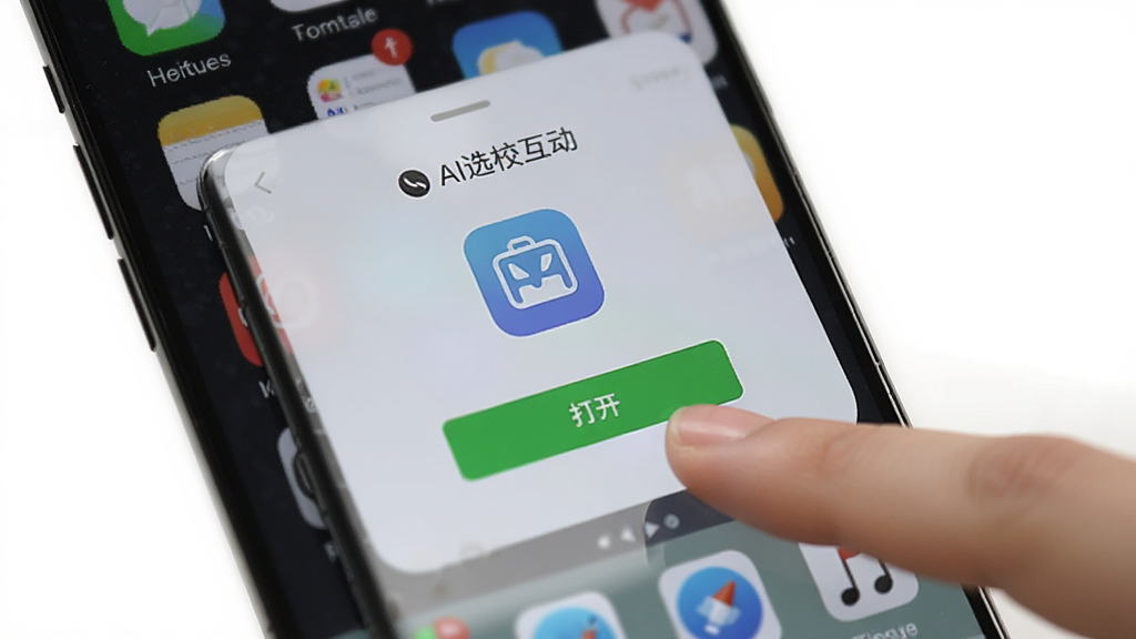 一部智能手机屏幕显示“AI选校互动”的安装完成界面,界面中央是绿色的“打开”按钮和软件图标,背景是手机桌面,旁边有一只手正在点击屏幕,整体风格写实清晰,画质干净,无多余元素
